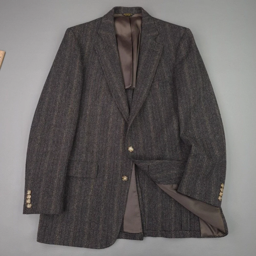 Vintage Palm Beach Blazer Mens 44L‎ Gray Herringbone Wool Tweed Sport Coat